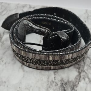 Buckle Women's Black and Silver Strip-Detail Belt with Crystal Row